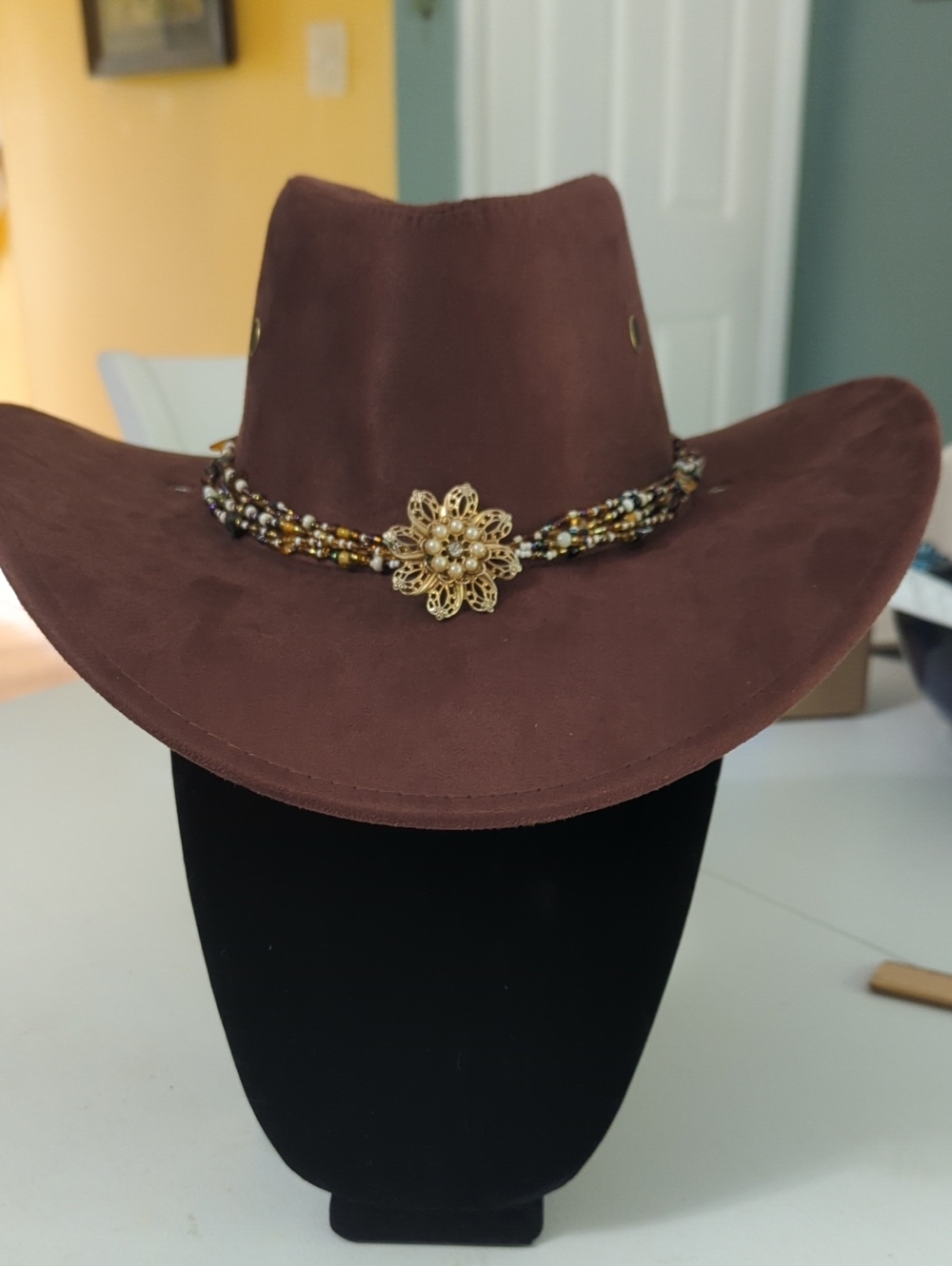 Cowgirl Cowboy Beaded Western Hat with Vintage Floral Accent, NWT, Handcrafted!